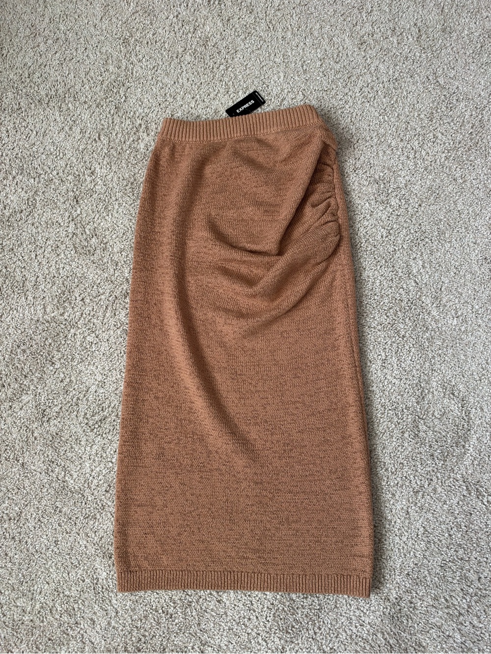 Express Ruched Knit Midi Skirt in Camel Brown